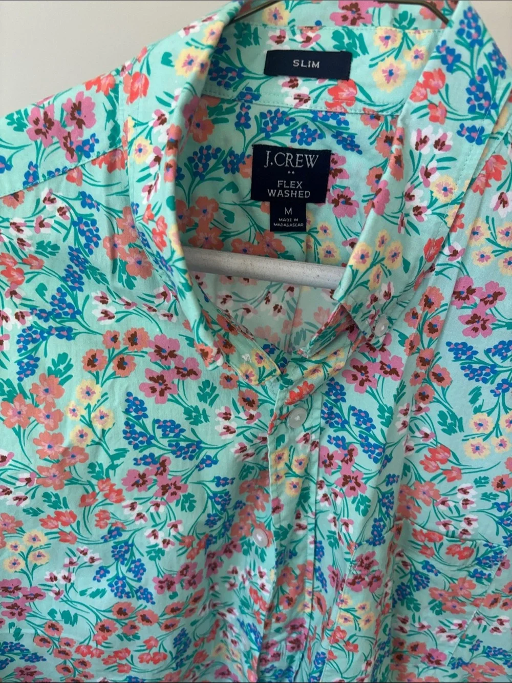 J. Crew Mint Floral Short-Sleeve Button-Down Shirt with Coral and Blue Accents